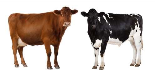Two cows standing side by side isolated on a white background One is brown and the other is black with white spots This is a studio shot photorealistic and hi