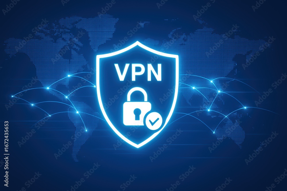 Aufkleber VPN Security Concept: A luminous shield displaying a padlock and VPN text, against a backdrop of a world map illuminated with data network, all in a crisp photorealistic image.