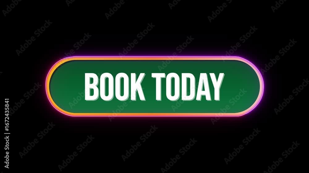 Poster book today, button click animation with computer mouse cursor and luxury neon glow colorful border o