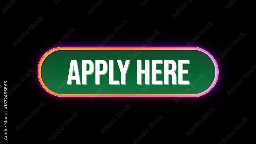 Poster apply here, button click animation with computer mouse cursor and luxury neon glow colorful border o