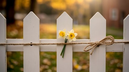 Daffodils on a White Picket Fence with Jute Twine Creates a Charming Springtime Scene with Rustic Appeal