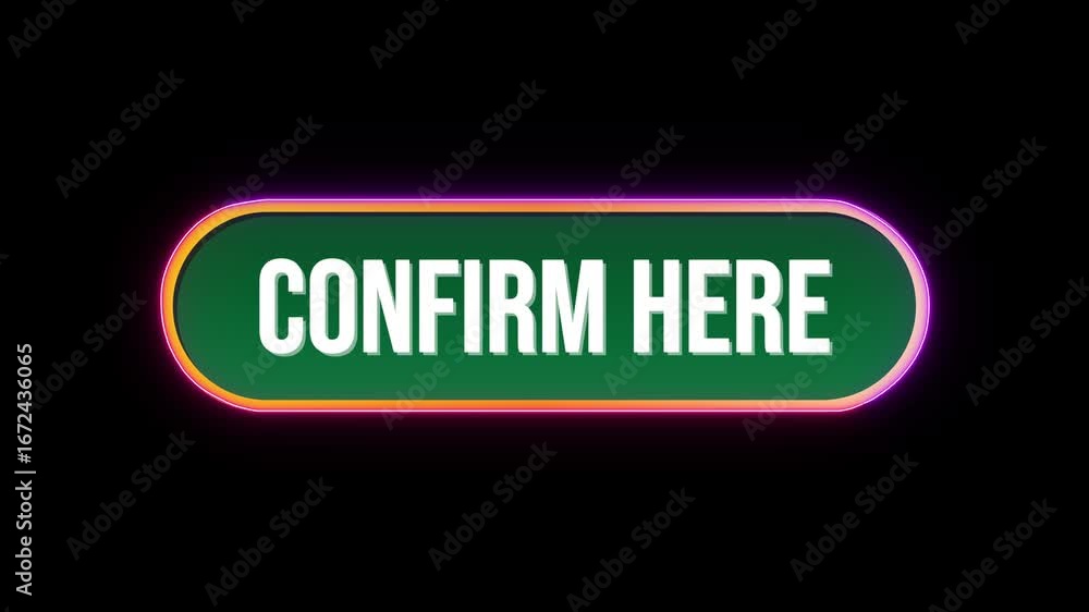 Poster confirm here, button click animation with computer mouse cursor and luxury neon glow colorful border