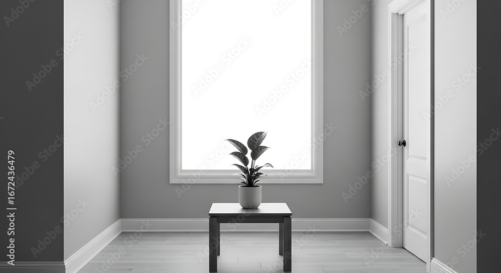 Poster monochromatic image of a plant on a small table in front of a bright window in an empty room