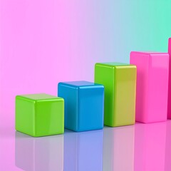 A vibrant arrangement of glossy, colorful, cubic shapes forms an ascending pattern on a smooth surface.