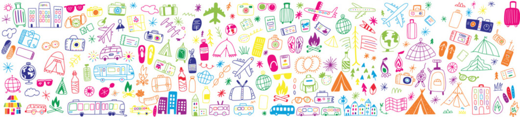 Vibrant doodle collage depicting camping tents, airplanes, cameras, bikes, hikers, mountains, boats, and travel gear icons arranged in a playful border on a dark background