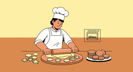 Baker Rolling Dough For Treats Illustration Suitable For Culinary And Food Related Concepts
