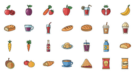 Illustration of various food and drink items in cartoon style