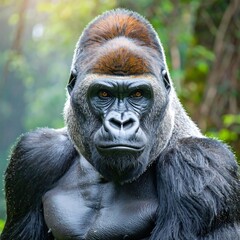 Obraz premium Close-up portrait of a magnificent gorilla, showcasing its powerful physique and intelligent gaze in a natural forest setting.