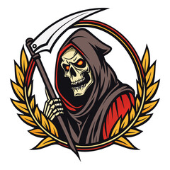 Grim Reaper with Silver Scythe and Laurel Wreath Vector Illustration