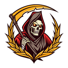 Grim Reaper with Golden Scythe and Laurel Wreath Vector Illustration
