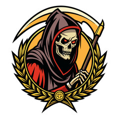 Grim Reaper with Golden Scythe and Laurel Wreath Vector Illustration