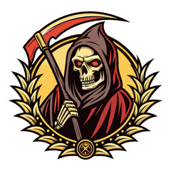 Grim Reaper with Red Scythe and Golden Wreath Vector Illustration