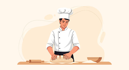 Baker Skillfully Kneading Fresh Loaf of Bread in a Culinary Kitchen Setting