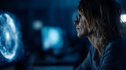 Woman reviewing satellite hologram in high tech control center