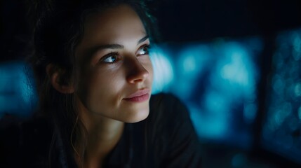 Woman reviewing digital hologram in control center