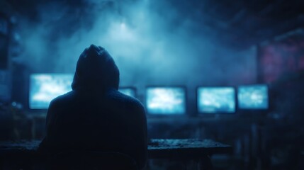 Hacker working in an abandoned warehouse with glowing holograms