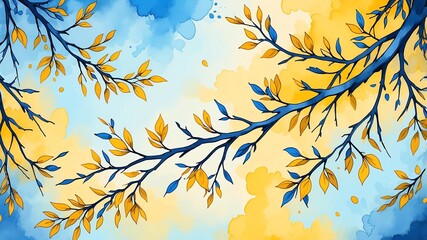 Abstract watercolor style art combination of art yellow and blue themed background. Tree branches textured art with sense of colors