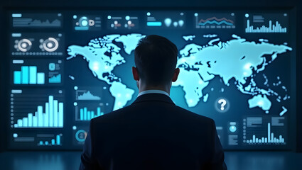 Business professional analyzing digital data on laptop with glowing futuristic graphs, financial statistics, and analytics dashboard, symbol growth, innovation, and stock market success.