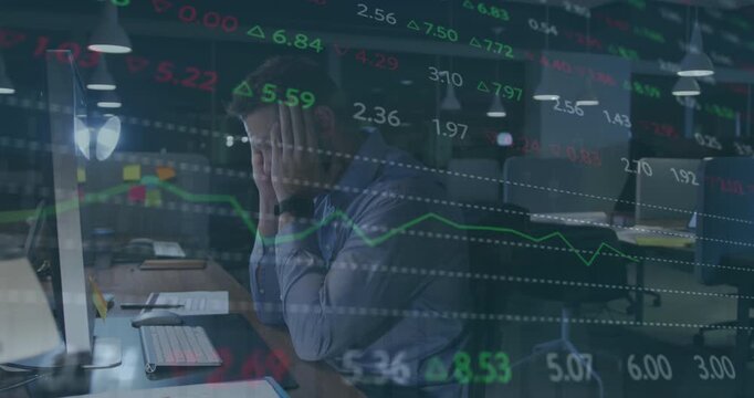 Animation of stock market data processing against stressed caucasian man working late at office
