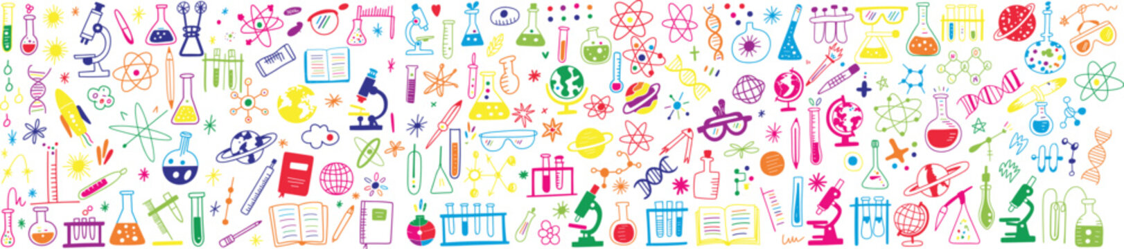 Vibrant science education doodle pattern showcasing colorful laboratory glassware, books, molecules, gears, beakers, and research equipment scattered across a dark backdrop
