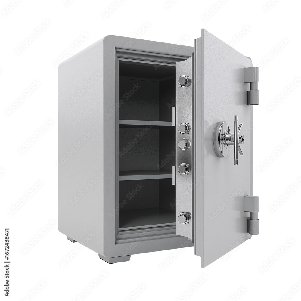 Aufkleber isolated gleaming safe box protection of valuables with open door on transparent surface, security