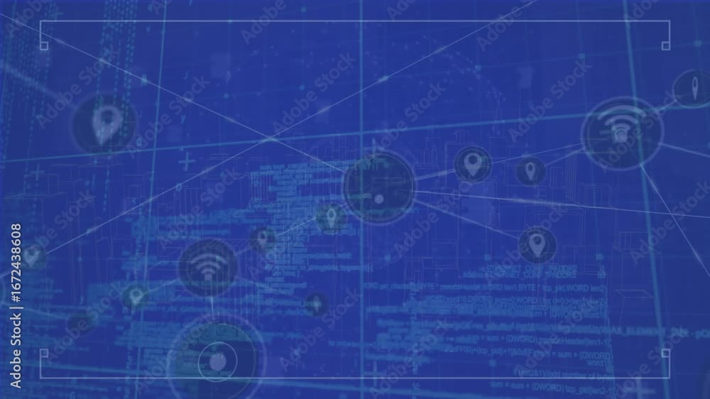 Aufkleber animation of network of digital icons and data processing over grid network against blue background