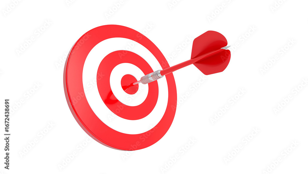 Poster precisely placed red dart piercing through the center of circular target on transparent background