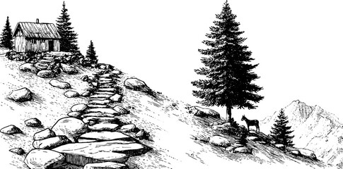 Autumn mountain slope with pine trees and rustic cabin - hand drawn illustration set for nature-themed design
