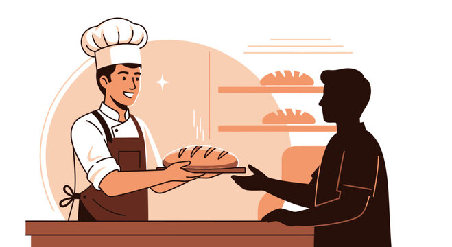Bakery Shop Keeper Handing Loaf of Bread to Customer at the Counter