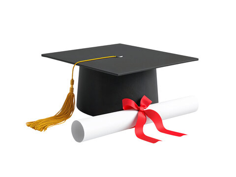 Graduation celebration still life featuring a mortarboard and diploma scroll on transparent setting - Powered by Adobe