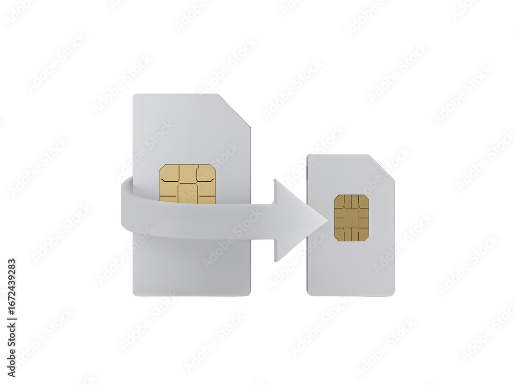 Poster migration from a traditional sim to a smaller card, represented by a curved arrow on transparent