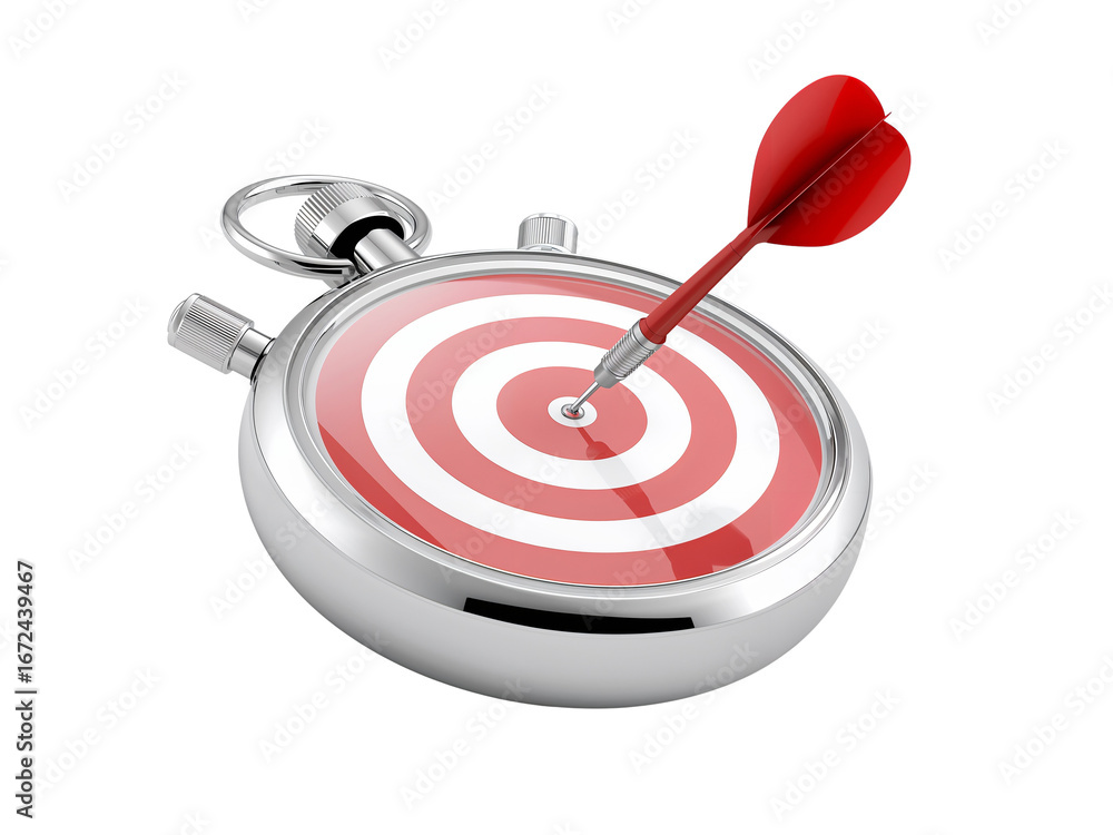 Poster precision timing demonstrated with a dart hitting the center of a target timepiece against
