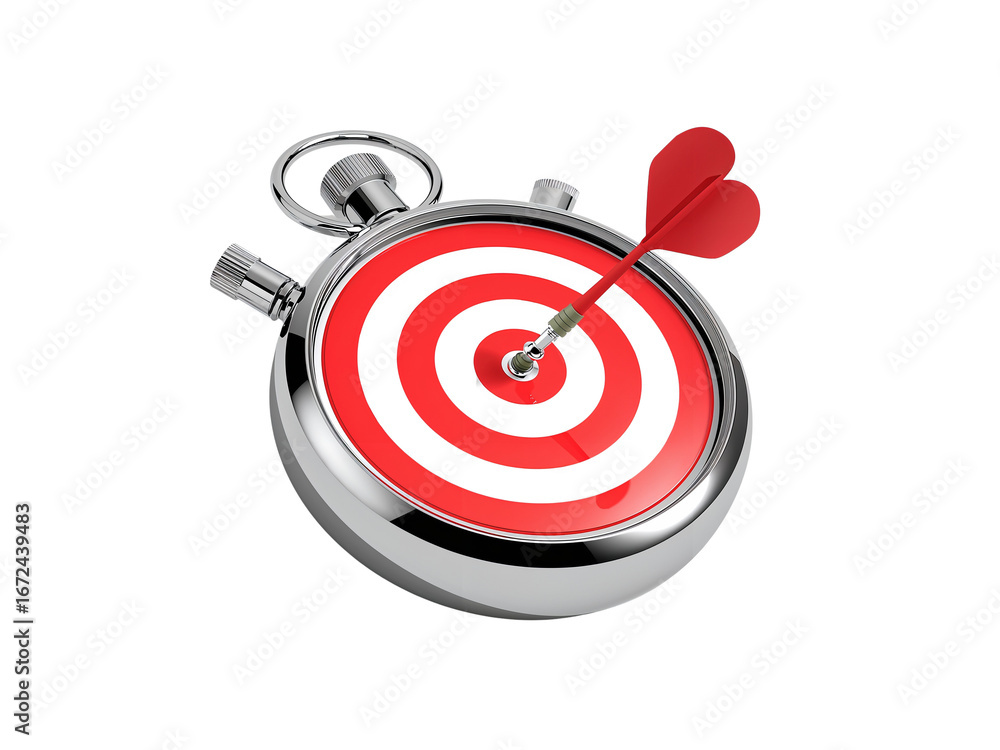 Poster precision timing a red dart piercing a stopwatch face represents goals achieved punctually