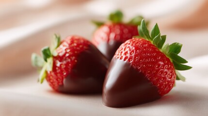 Delicious chocolate dipped strawberries lie on a soft fabric. They shine with freshness, perfect for celebrations. An indulgent dessert that pleases everyone. Enjoy a sweet treat. AI
