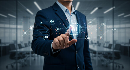 Visionary executive navigates AI future, activating innovative business solutions with futuristic digital interface in modern boardroom