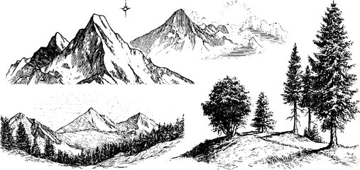 Vintage mountain landscapes collection with evening pink glow for design