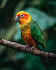 Obraz premium Colorful tropical parrot perched on branch with vibrant green jungle foliage