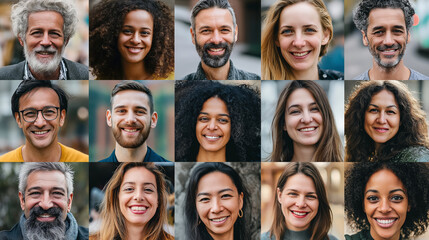 Diverse group of people smiling in photo grid with natural outdoor backgrounds