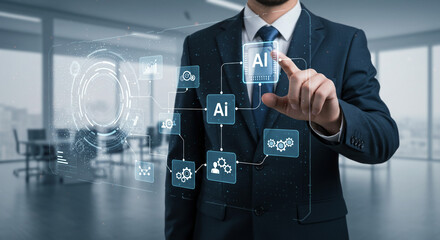 Confident businessman interacts with futuristic AI interface, driving digital transformation and innovation in modern business.