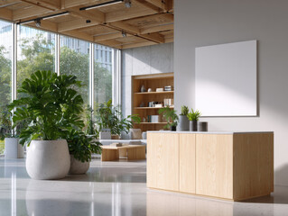Modern office interior with blank canvas showing sunlight and potted plants