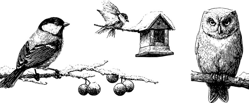 Winter birds collection: bullfinch, owl, and chickadee on snowy branches - vintage nature sketch