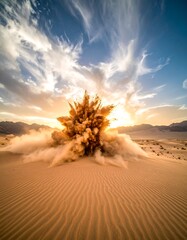 Dramatic sand explosion at sunset