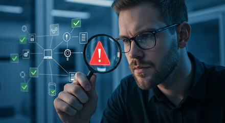 Cybersecurity expert analyzing network security threat alert, magnifying glass revealing critical warning sign, data breach risk
