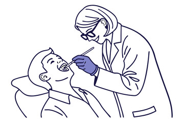 Line Drawing of Dentist Examining Patient Dental Care Vector Illustration