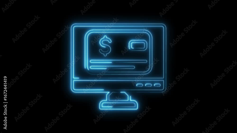 Aufkleber glowing neon blue computer monitor displaying dollar sign check icon isolated on black background