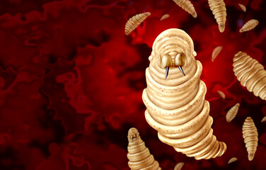 Screwworm Parasite outbreat  concept or epidemic as flesh-eating larvae Infectious disease and public health issue  as a vetirinary medicine concept or agricultural pest causing ulcerated lesions.