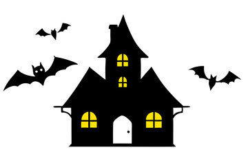 Spooky Haunted House with Bats and Glowing Windows Halloween Vector Art