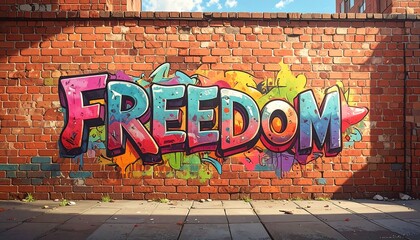 Naklejka premium Vibrant Graffiti Art: Freedom on Brick Wall Street art