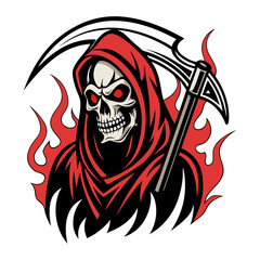 Grim Reaper with Red Hood, Scythe, Skulls and Flames Vector Illustration