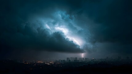 Obraz premium Thunderous cityscape A dramatic storm lights up the urban landscape at night